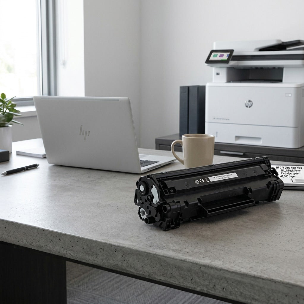 HP 37Y Extra High Yield Black Toner Cartridge on an office desk next to a laptop and printer.