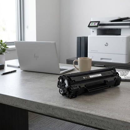HP 37Y Extra High Yield Black Toner Cartridge on an office desk next to a laptop and printer.