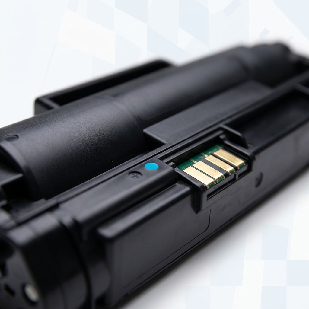 Macro close-up of gold-plated electrical contacts on a black HP 37Y (CF237Y) toner cartridge.