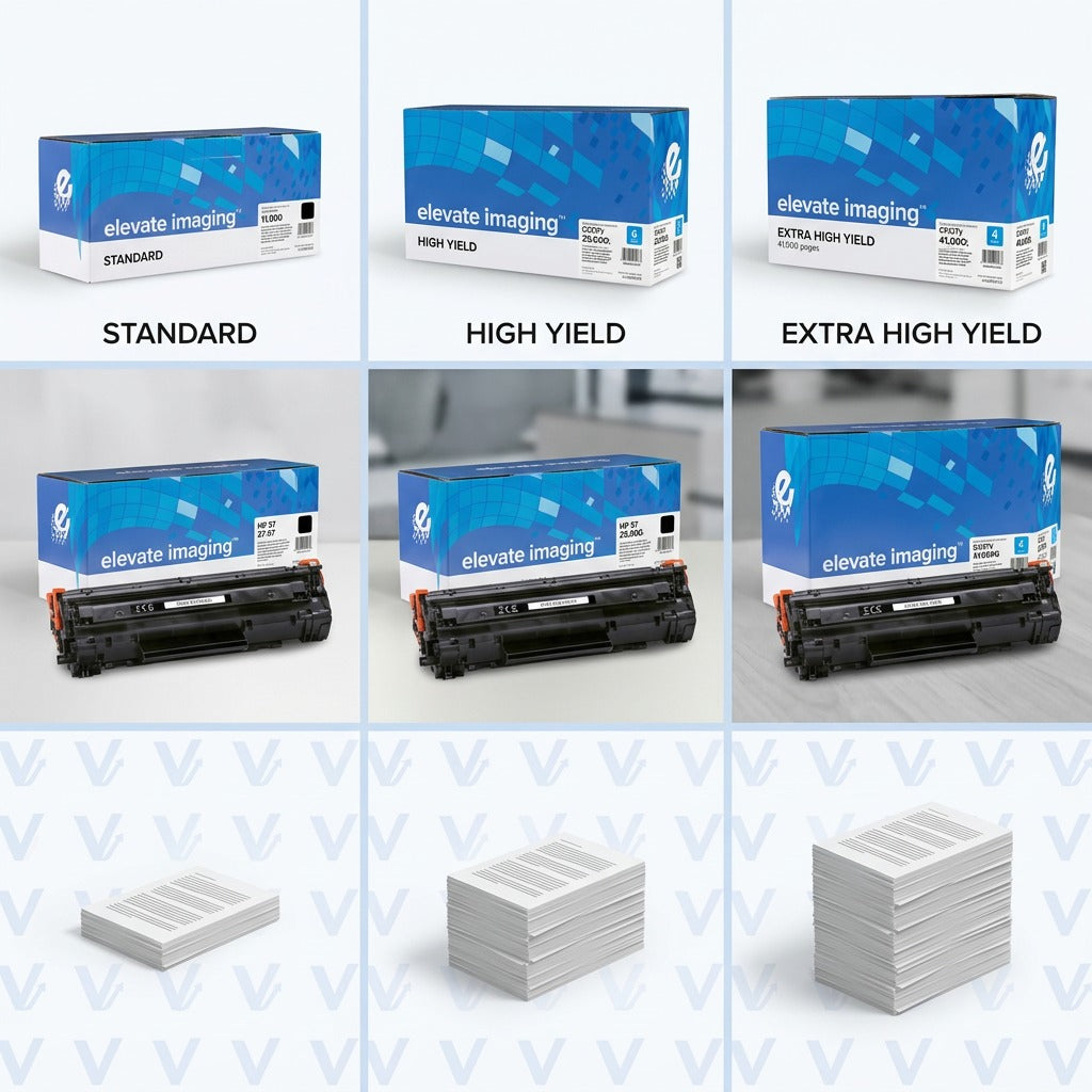 Elevate Imaging HP 37Y toner matrix comparing Standard, High, and 41,000-page Extra High Yield.