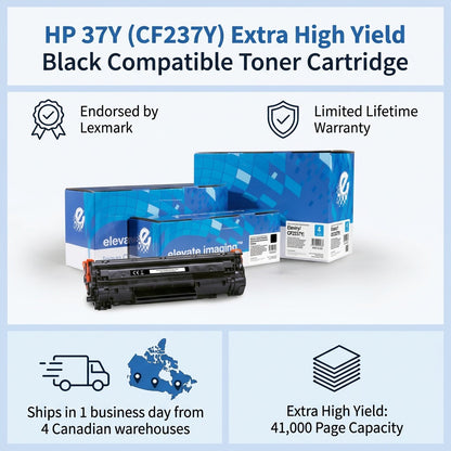 HP 37Y (CF237Y) toner cartridge with Elevate Imaging boxes and 41,000 page yield infographic.