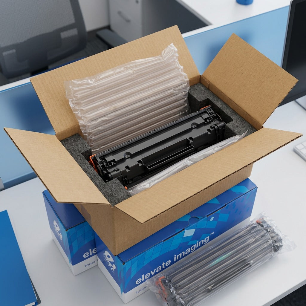 Elevate Imaging HP 37Y toner cartridge securely packed in a box with air-cushioned protection.