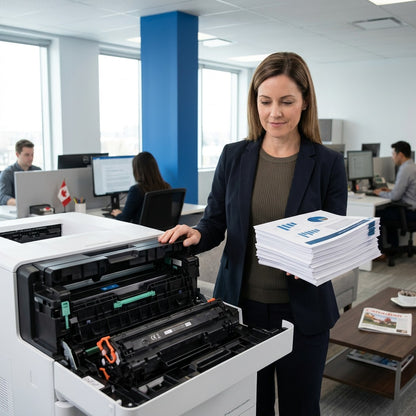An office manager holds a stack of reports next to an open laser printer with an HP 37Y toner.