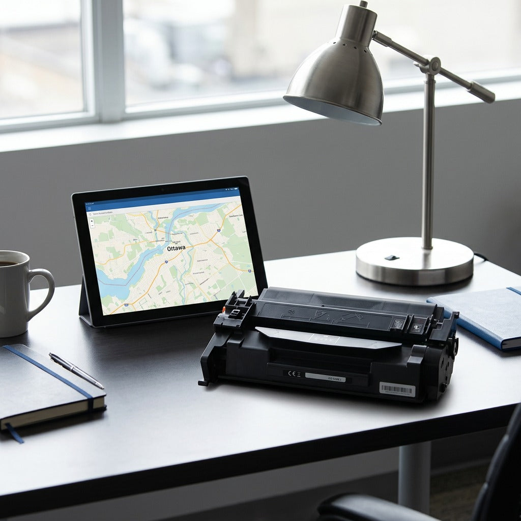 Elevate HP 58A black toner cartridge on a desk next to a 10-inch office tablet for scale reference.