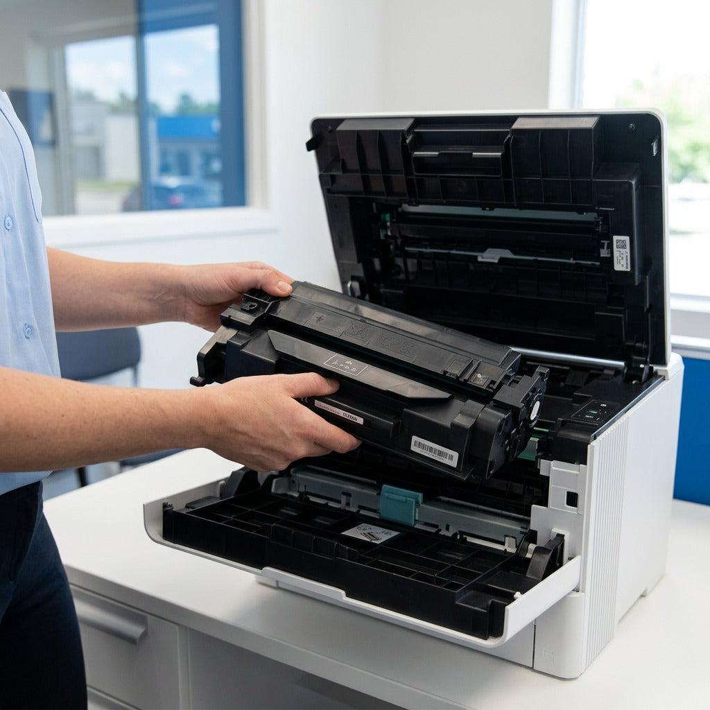 Office manager installing an HP 58A (CF258A) black toner cartridge into a white LaserJet printer.