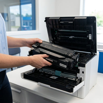 Office manager installing an HP 58A (CF258A) black toner cartridge into a white LaserJet printer.