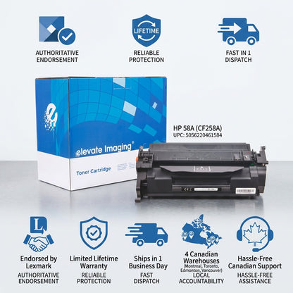 Elevate Imaging HP 58A CF258A cartridge with trust icons for lifetime warranty and Canadian support.
