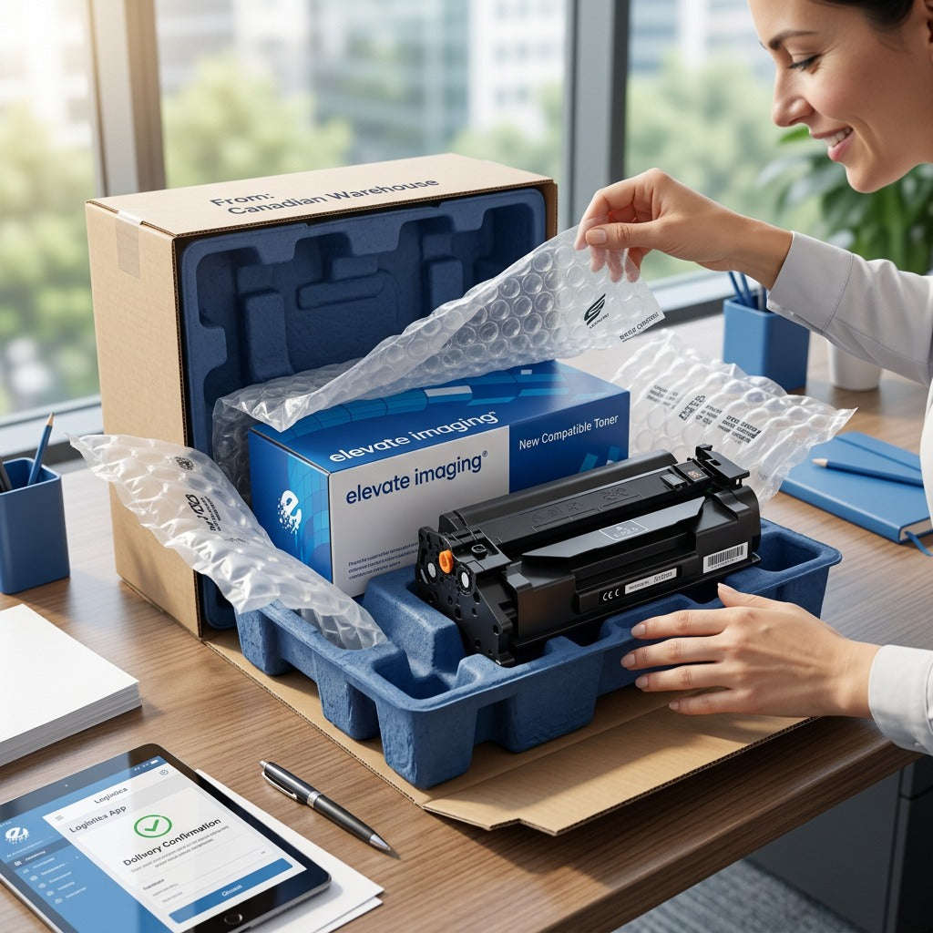 Elevate Imaging HP 58A black toner cartridge unboxing with protective foam and air cushioning.