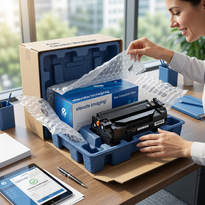 Elevate Imaging HP 58A black toner cartridge unboxing with protective foam and air cushioning.