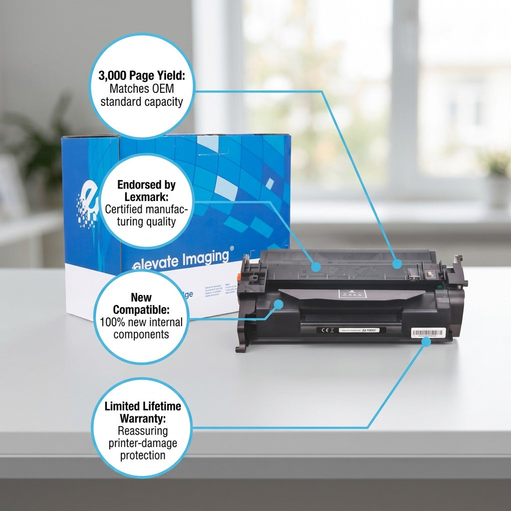 Elevate Imaging HP 58A compatible black toner cartridge with callouts highlighting 3,000 page yield.