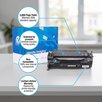 Elevate Imaging HP 58A compatible black toner cartridge with callouts highlighting 3,000 page yield.