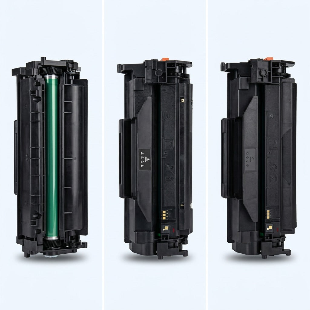 Three views of an Elevate HP 58A (CF258A) black toner cartridge showing the roller and gear casing.