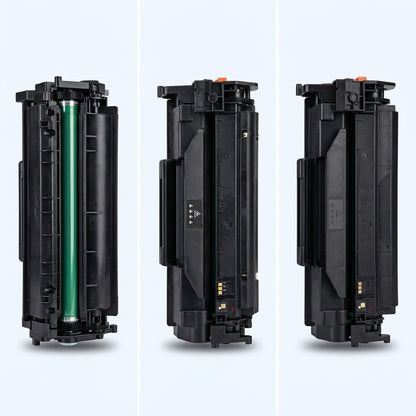 Three views of an Elevate HP 58A (CF258A) black toner cartridge showing the roller and gear casing.