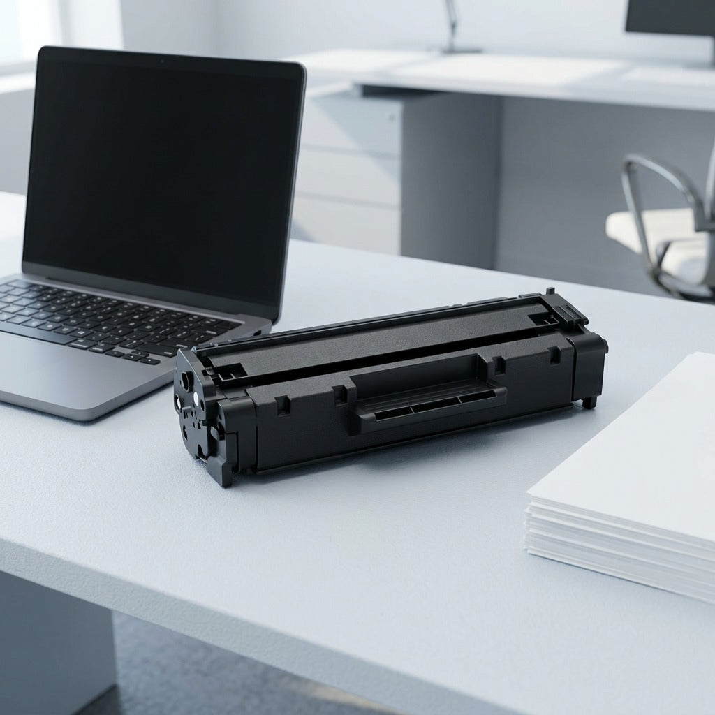 HP 58X CF258X toner cartridge on an office desk next to a laptop and a stack of paper for scale.