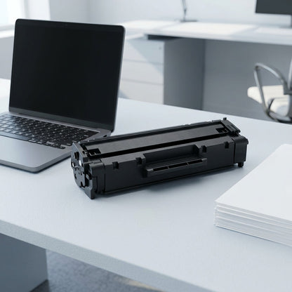 HP 58X CF258X toner cartridge on an office desk next to a laptop and a stack of paper for scale.