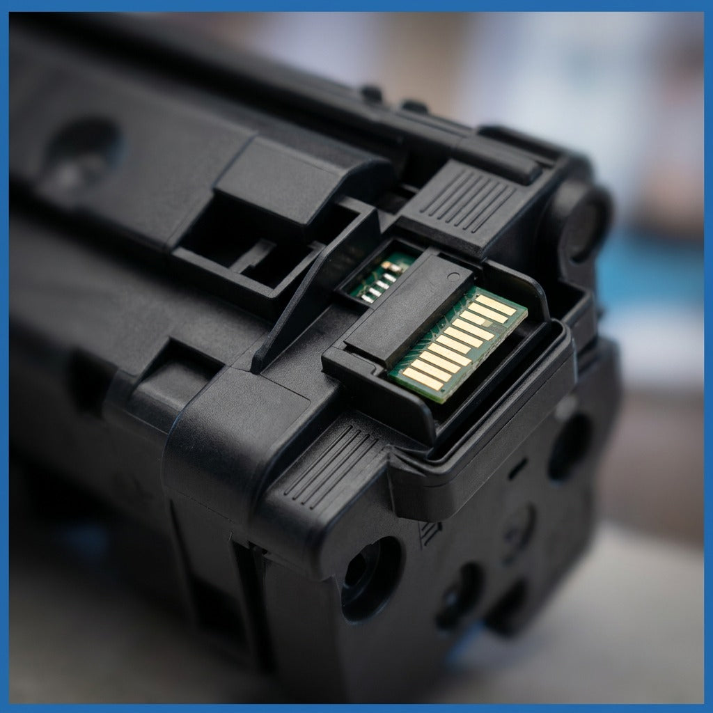 Macro view of the gold-plated electronic chip onto an HP 58X (CF258X) black toner cartridge.