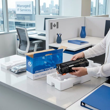 Elevate Imaging laser toner cartridge being unboxed in an office, showing protective foam inserts.