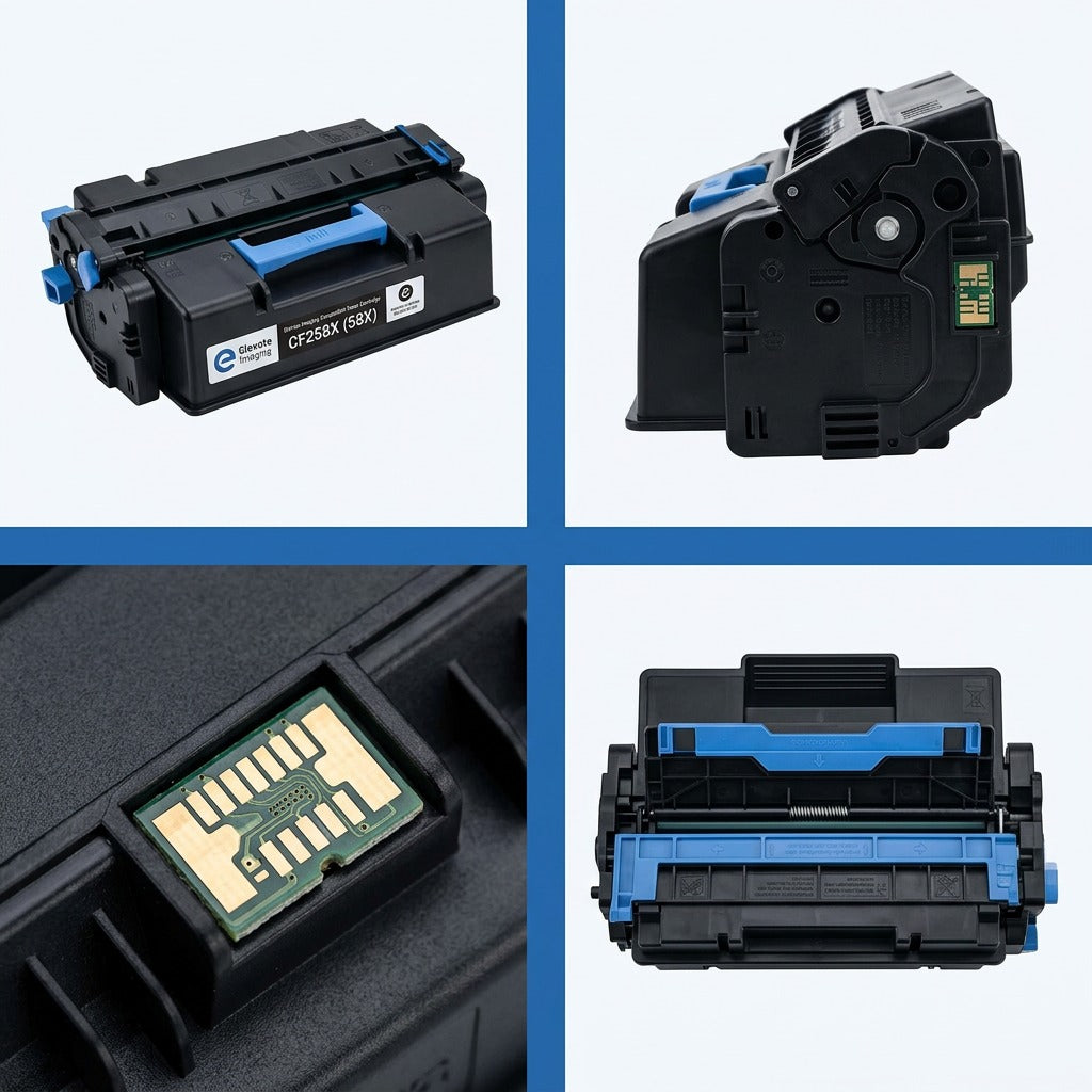 Four-quadrant view of the HP 58X (CF258X) black toner cartridge showing chip and casing details.