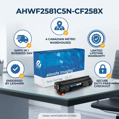 Elevate Imaging HP CF258X toner cartridge infographic highlighting fast shipping and warranty icons.
