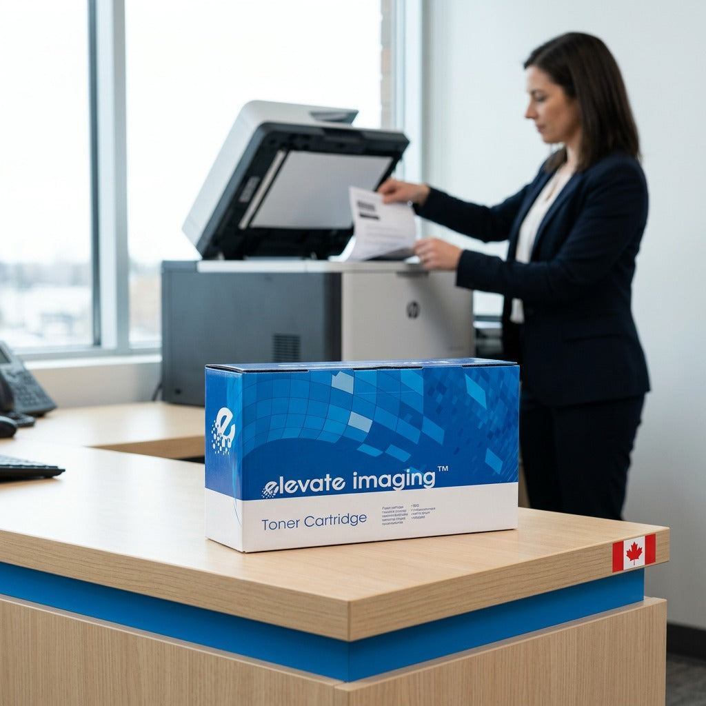 Elevate Imaging HP 58X compatible toner cartridge on a desk near an office worker using a printer.