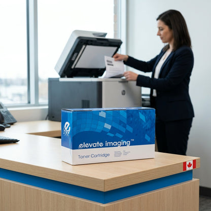 Elevate Imaging HP 58X compatible toner cartridge on a desk near an office worker using a printer.