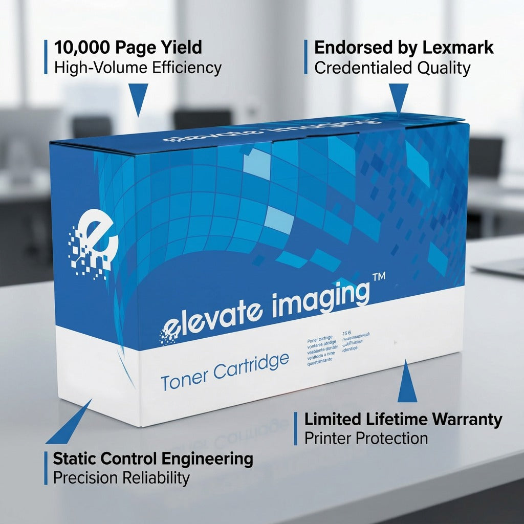 Elevate Imaging HP 58X compatible toner cartridge box with feature callouts for 10,000 page yield.