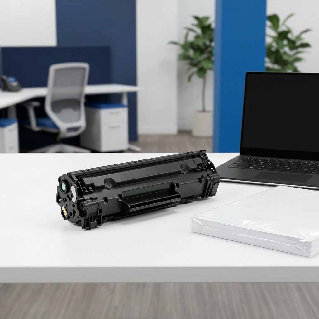 Elevate Imaging HP 79A toner cartridge on a desk next to a laptop and paper stack for scale.