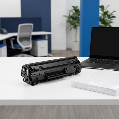 Elevate Imaging HP 79A toner cartridge on a desk next to a laptop and paper stack for scale.