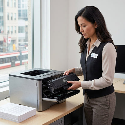 An office worker installing an Elevate Imaging HP 79A (CF279A) compatible toner into a laser printer.