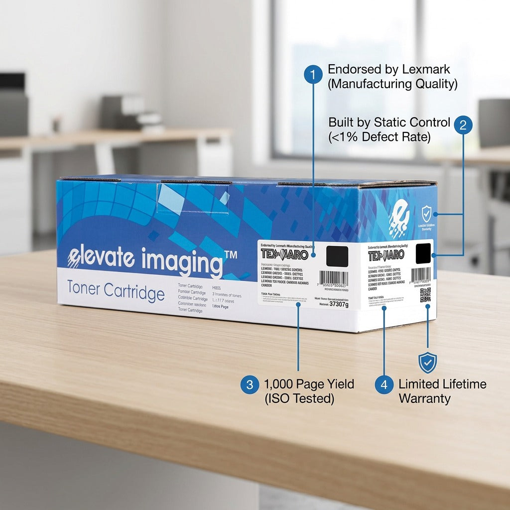 Elevate Imaging HP 79A toner box on a desk with callouts for 1,000 page yield and warranty.