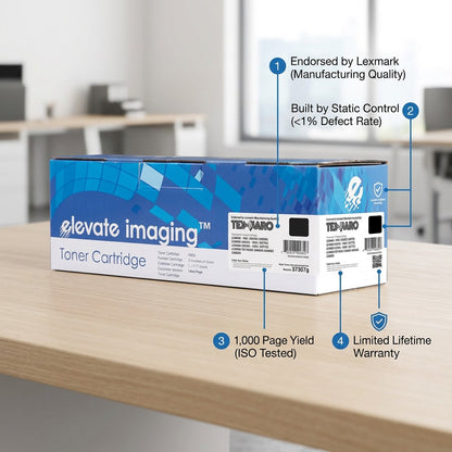 Elevate Imaging HP 79A toner box on a desk with callouts for 1,000 page yield and warranty.