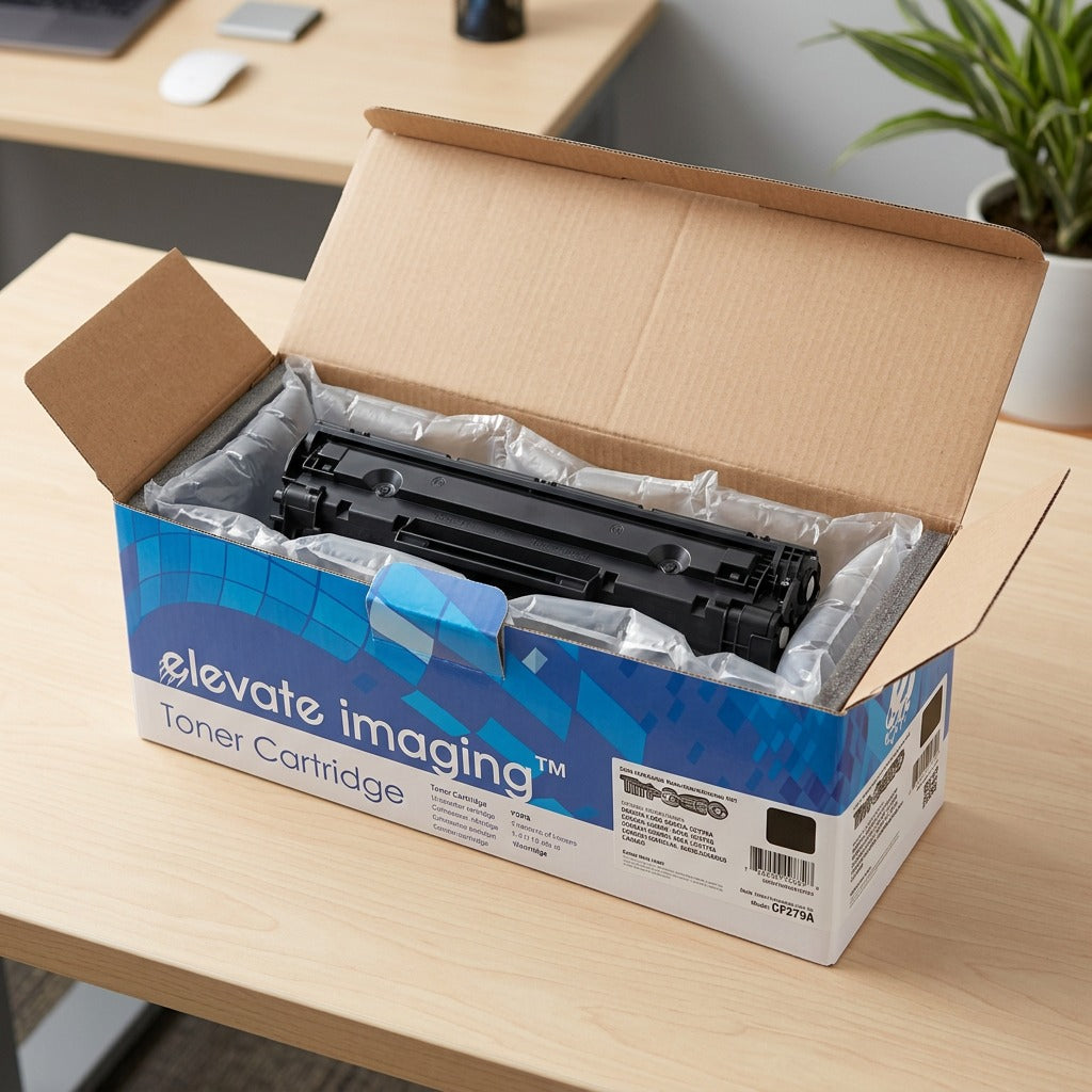 An HP 79A compatible black toner cartridge unboxed in Elevate Imaging packaging on a clean desk.