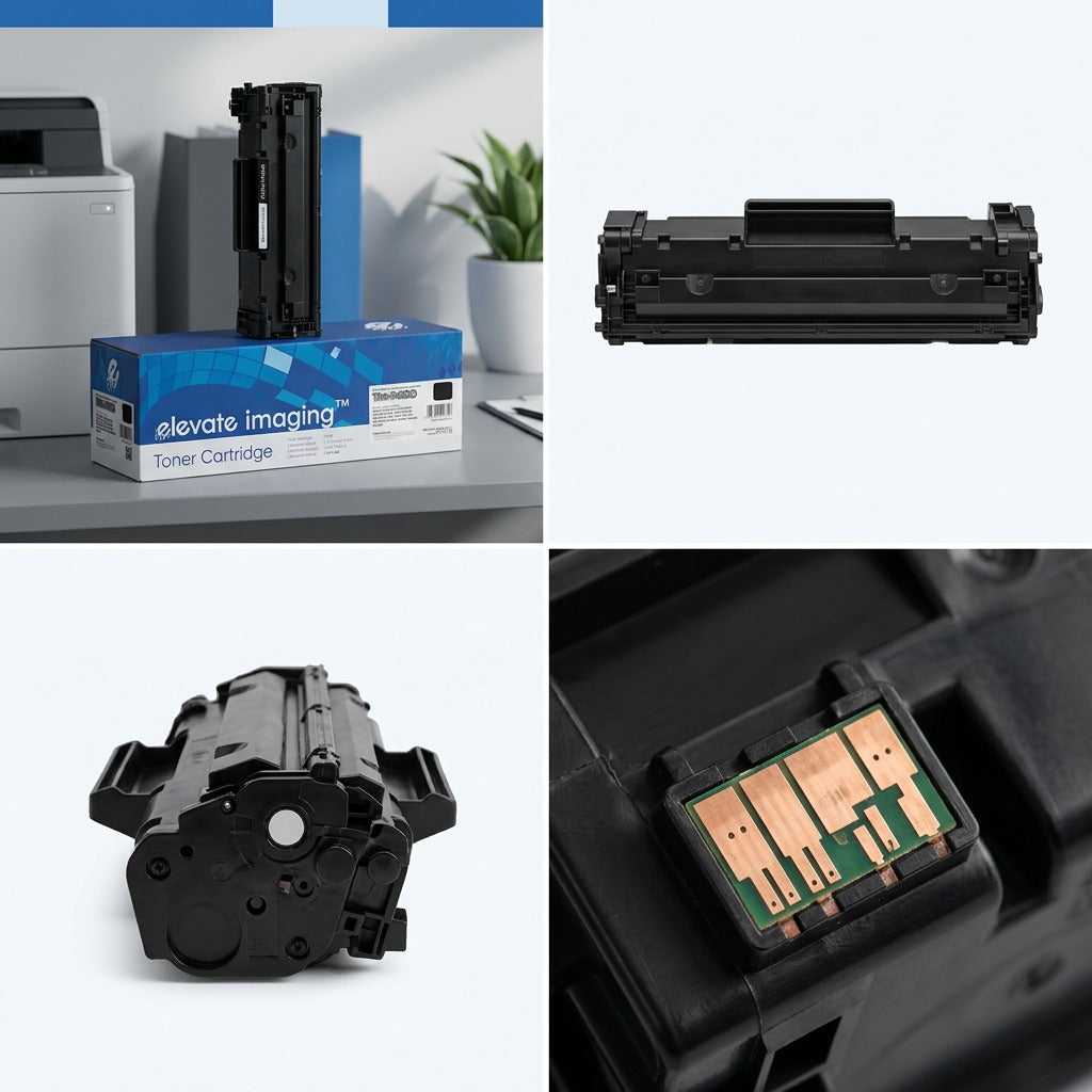 Elevate Imaging compatible HP 79A black toner cartridge shown in four views, including chip detail.