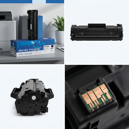 Elevate Imaging compatible HP 79A black toner cartridge shown in four views, including chip detail.