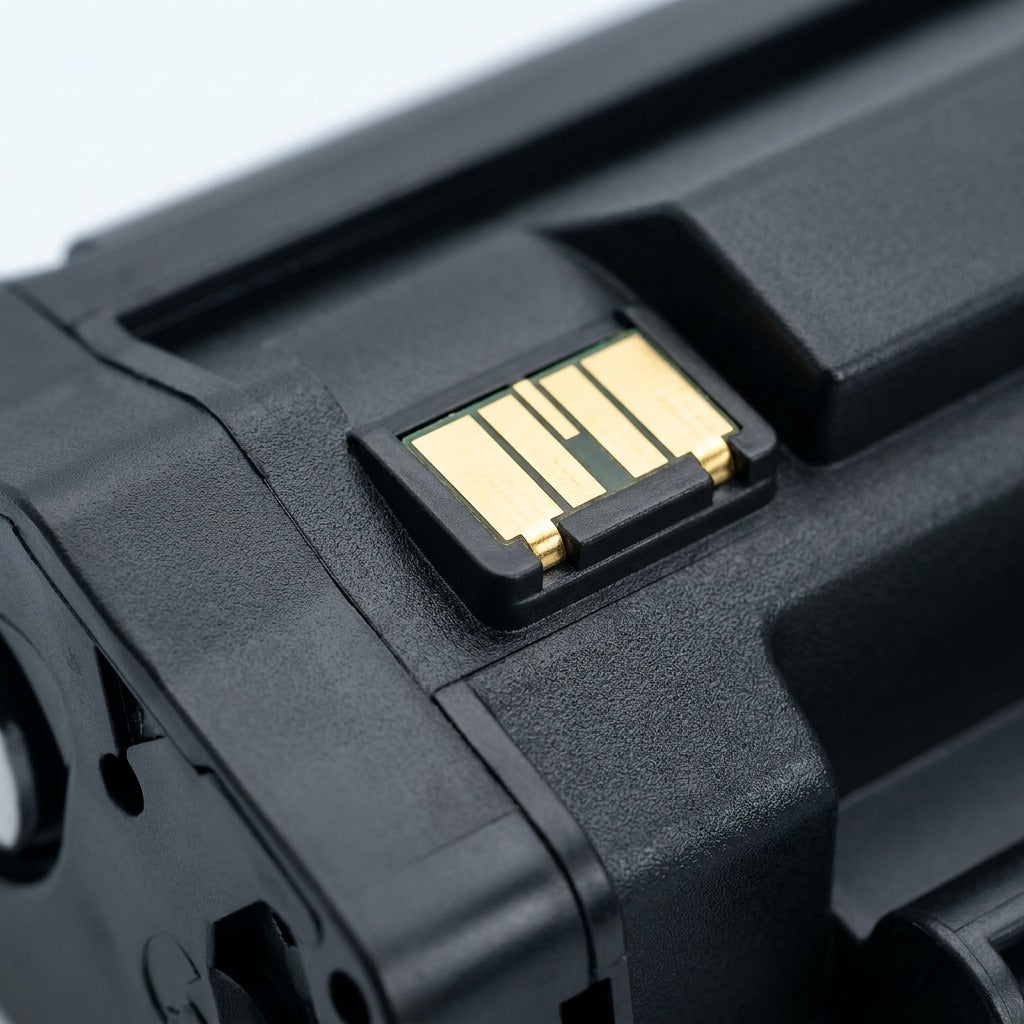 Macro detail of the gold electronic chip on an Elevate Imaging HP 79A compatible toner cartridge.