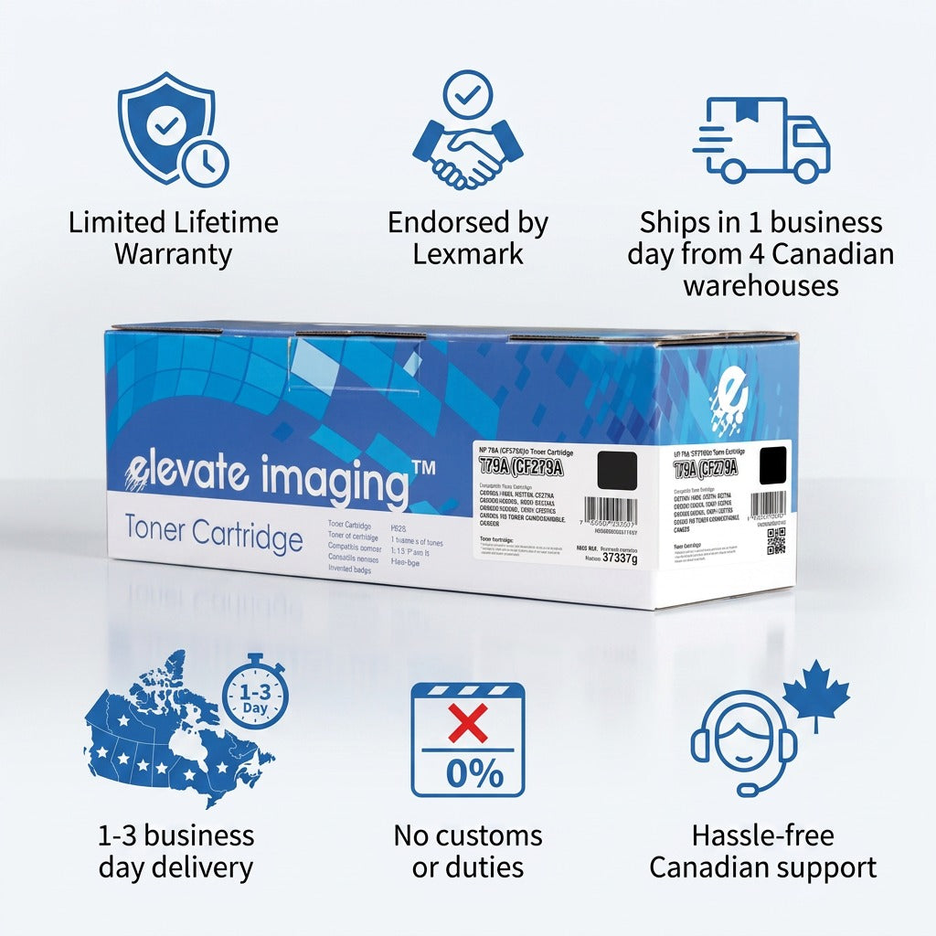 Elevate Imaging HP 79A toner box with trust icons for lifetime warranty and fast Canadian shipping.