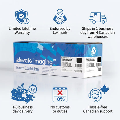 Elevate Imaging HP 79A toner box with trust icons for lifetime warranty and fast Canadian shipping.