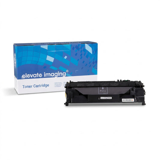 Elevate Imaging compatible HP 80A (CF280A) black laser toner cartridge and blue retail box.