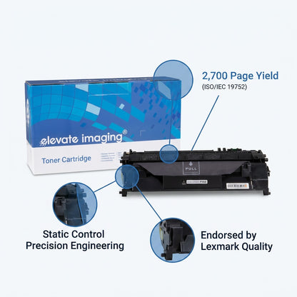Elevate Imaging HP 80A (CF280A) toner cartridge with callouts for 2,700 page yield and Lexmark quality.