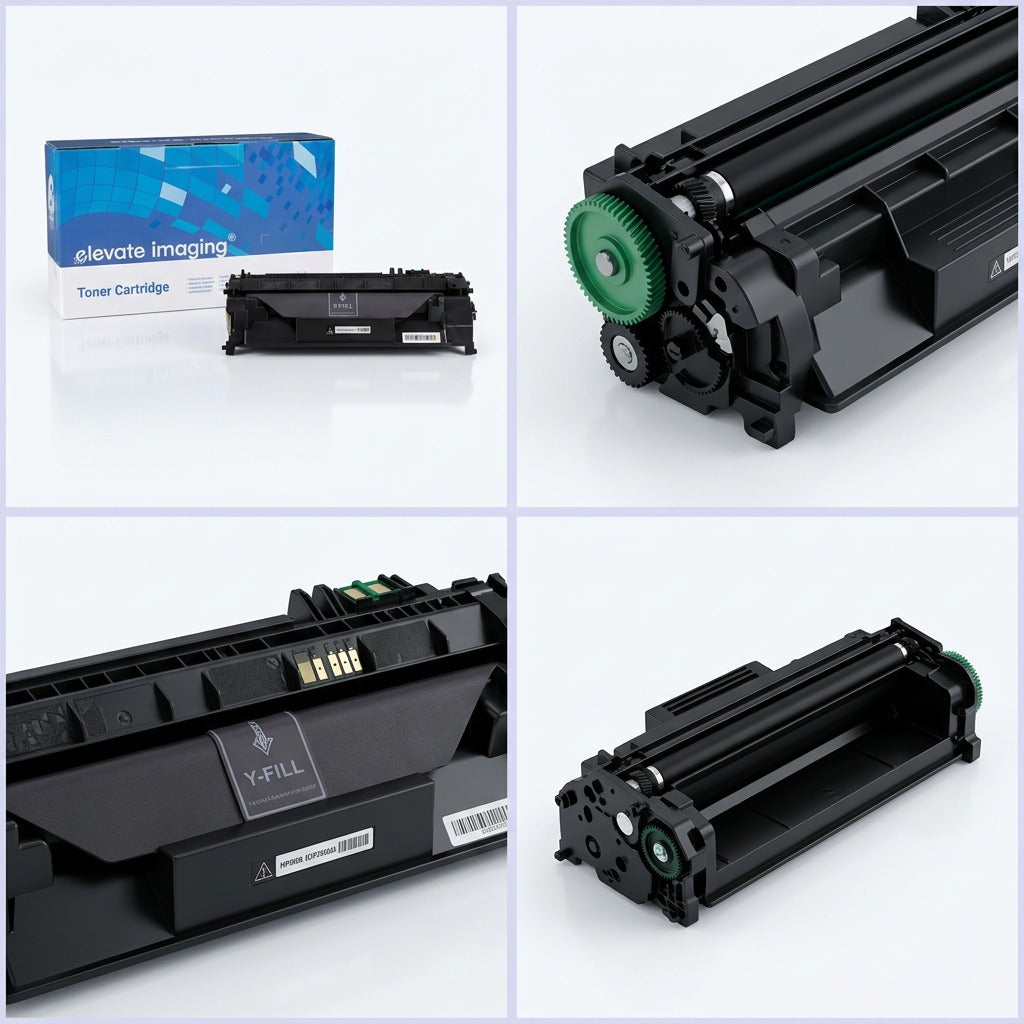 Four-view matrix of Elevate Imaging HP 80A CF280A toner showing box, gears, and cartridge details.