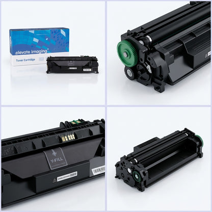 Four-view matrix of Elevate Imaging HP 80A CF280A toner showing box, gears, and cartridge details.