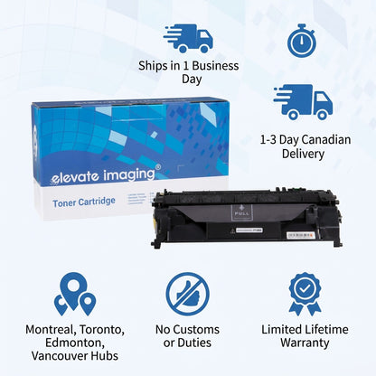 Elevate Imaging HP 80A toner box and cartridge with fast Canadian shipping and warranty icons.