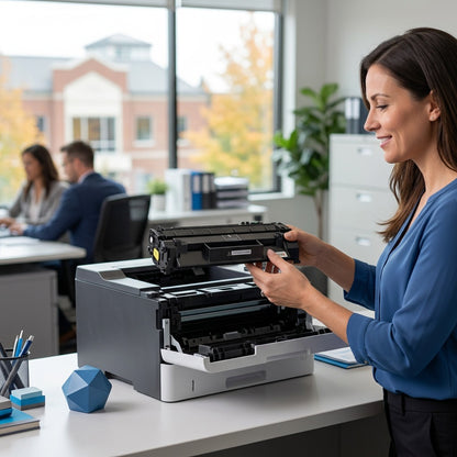 Office professional installing an Elevate Imaging HP 80A CF280A toner cartridge into a printer.