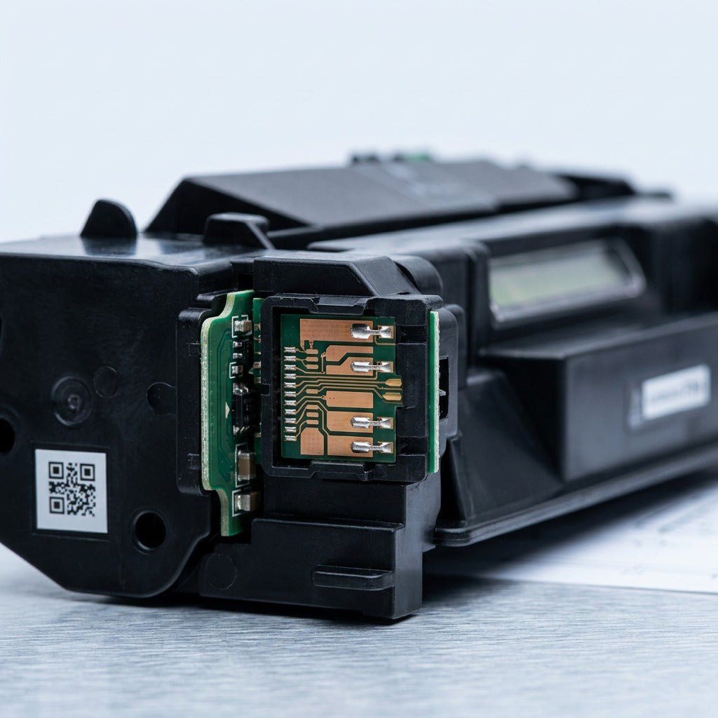 Macro detail of the copper contact chip on an Elevate Imaging HP 80A (CF280A) compatible cartridge.