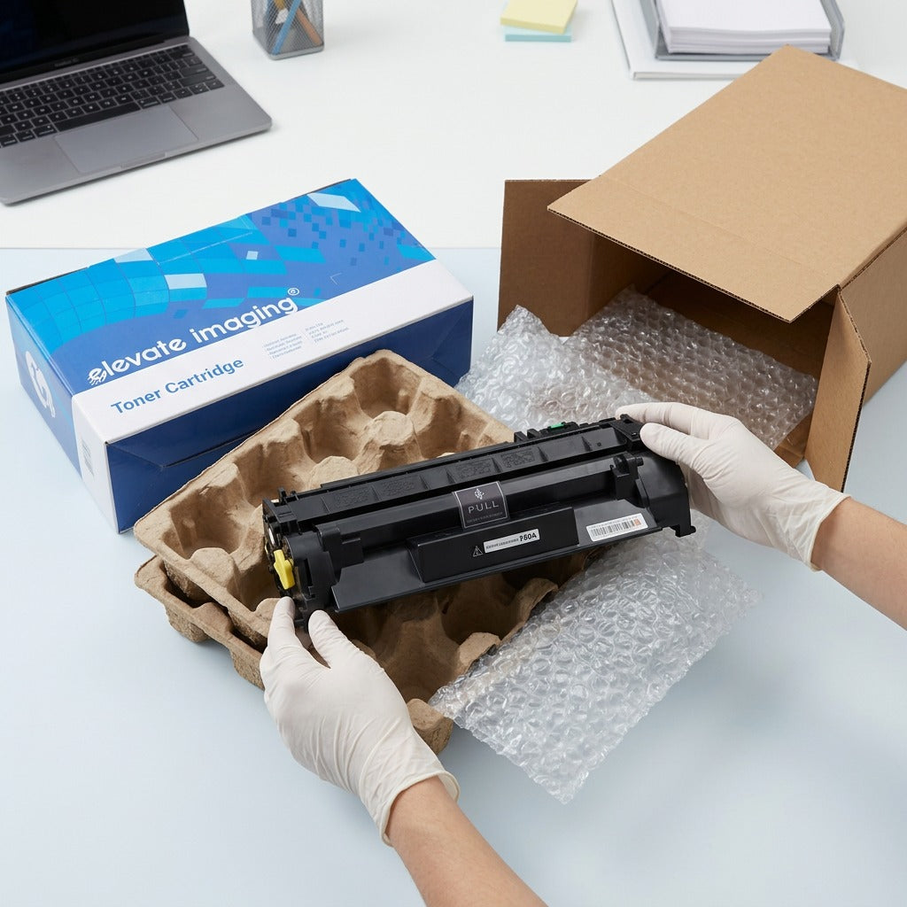 Hands unboxing an Elevate Imaging HP 80A (CF280A) compatible toner cartridge from secure packaging.