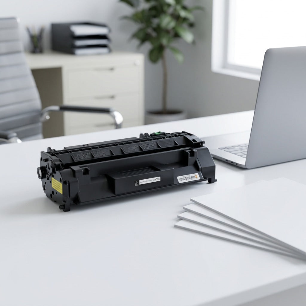 Elevate Imaging remanufactured HP 80A toner cartridge on an office desk next to a laptop and paper.