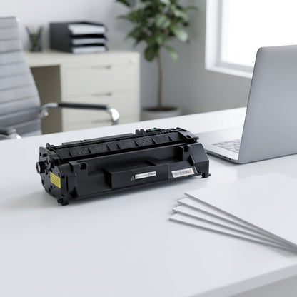 Elevate Imaging remanufactured HP 80A toner cartridge on an office desk next to a laptop and paper.