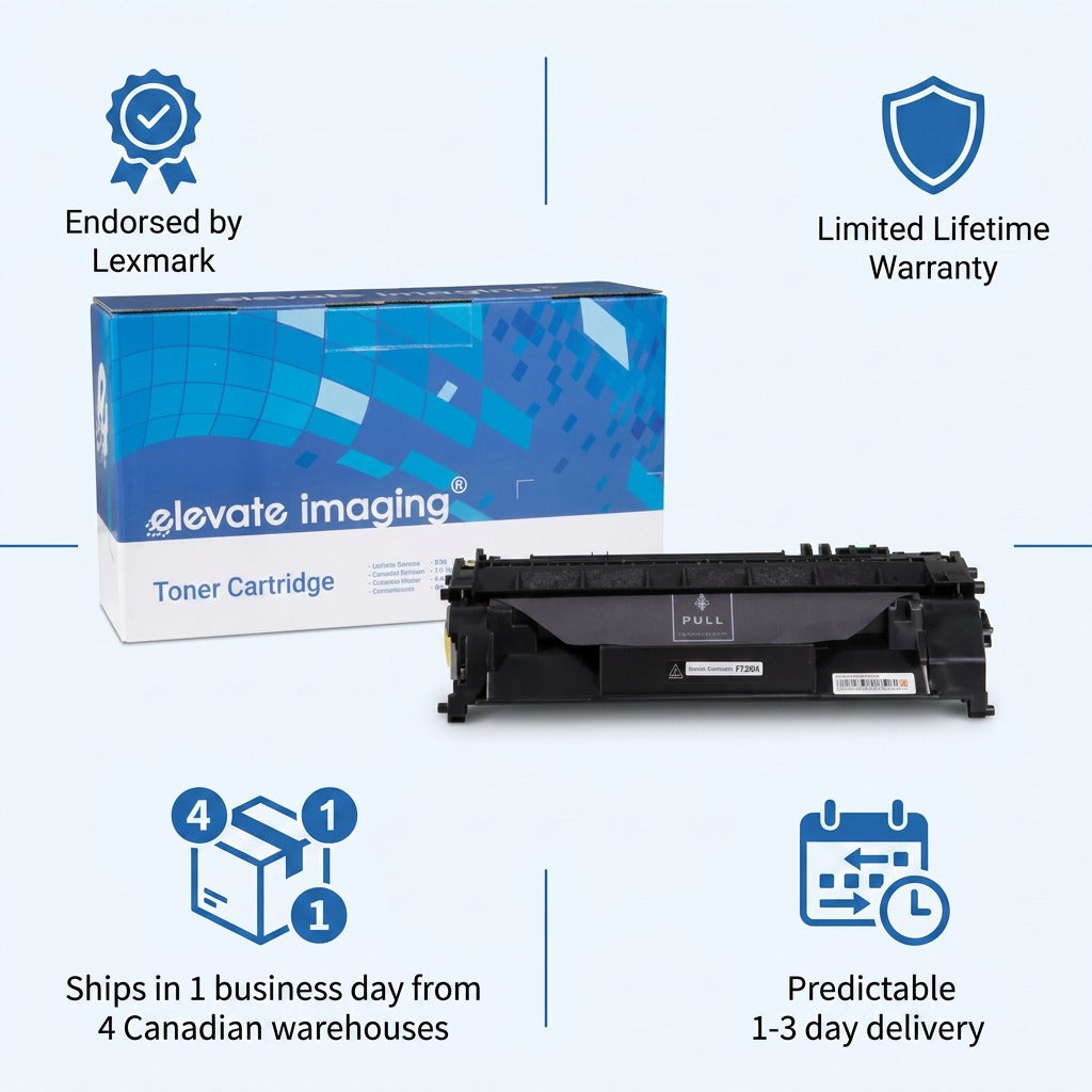 Elevate Imaging HP 80A black toner infographic with Lexmark endorsement and fast Canadian shipping.