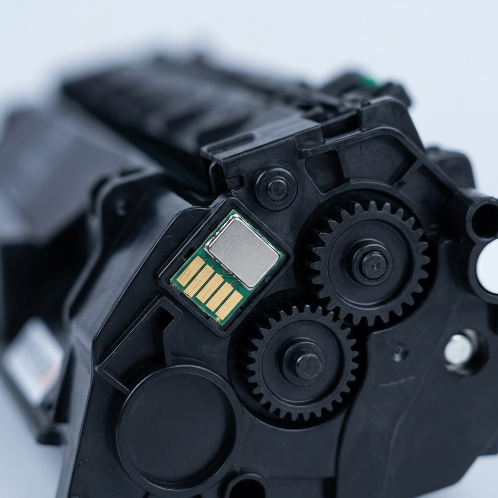Macro detail of the smart chip and gears on an Elevate Imaging HP 80A (CF280A) toner cartridge.