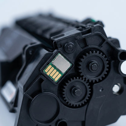 Macro detail of the smart chip and gears on an Elevate Imaging HP 80A (CF280A) toner cartridge.
